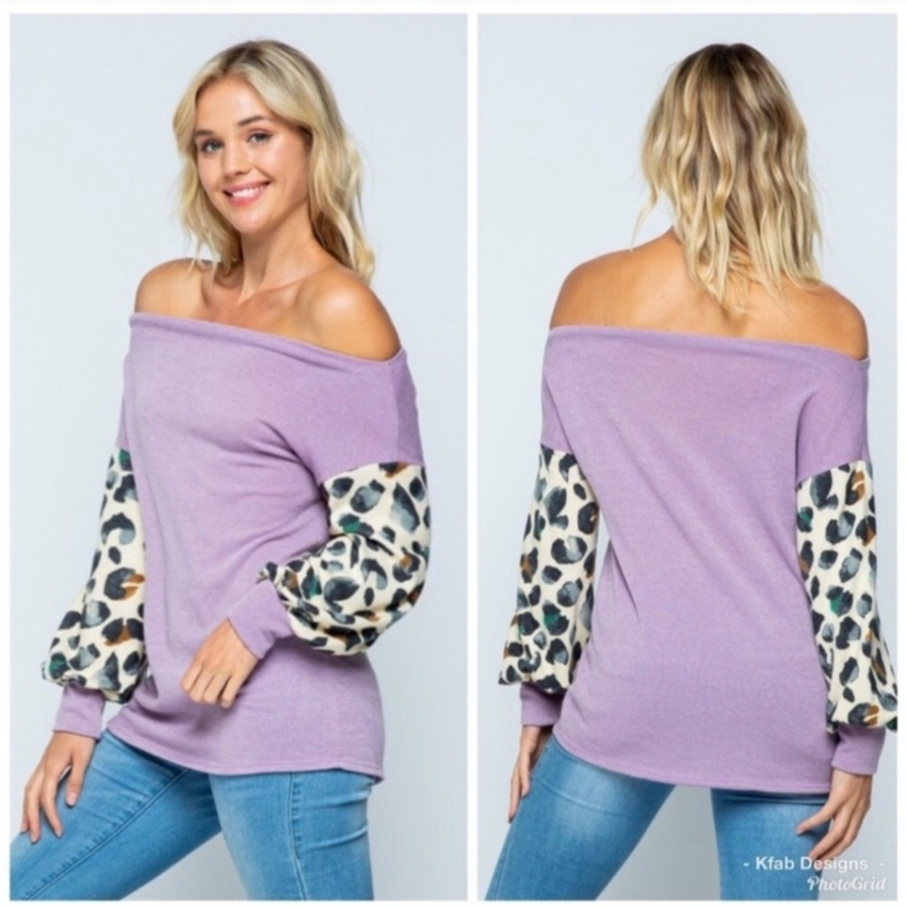 twenty second Lilac Off-Shoulder Sweater with Animal Print Sleeves Size Medium - Picture 4 of 12